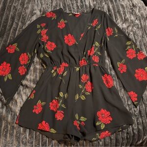 Tobi Black and Red Floral romper w bell sleeves size medium